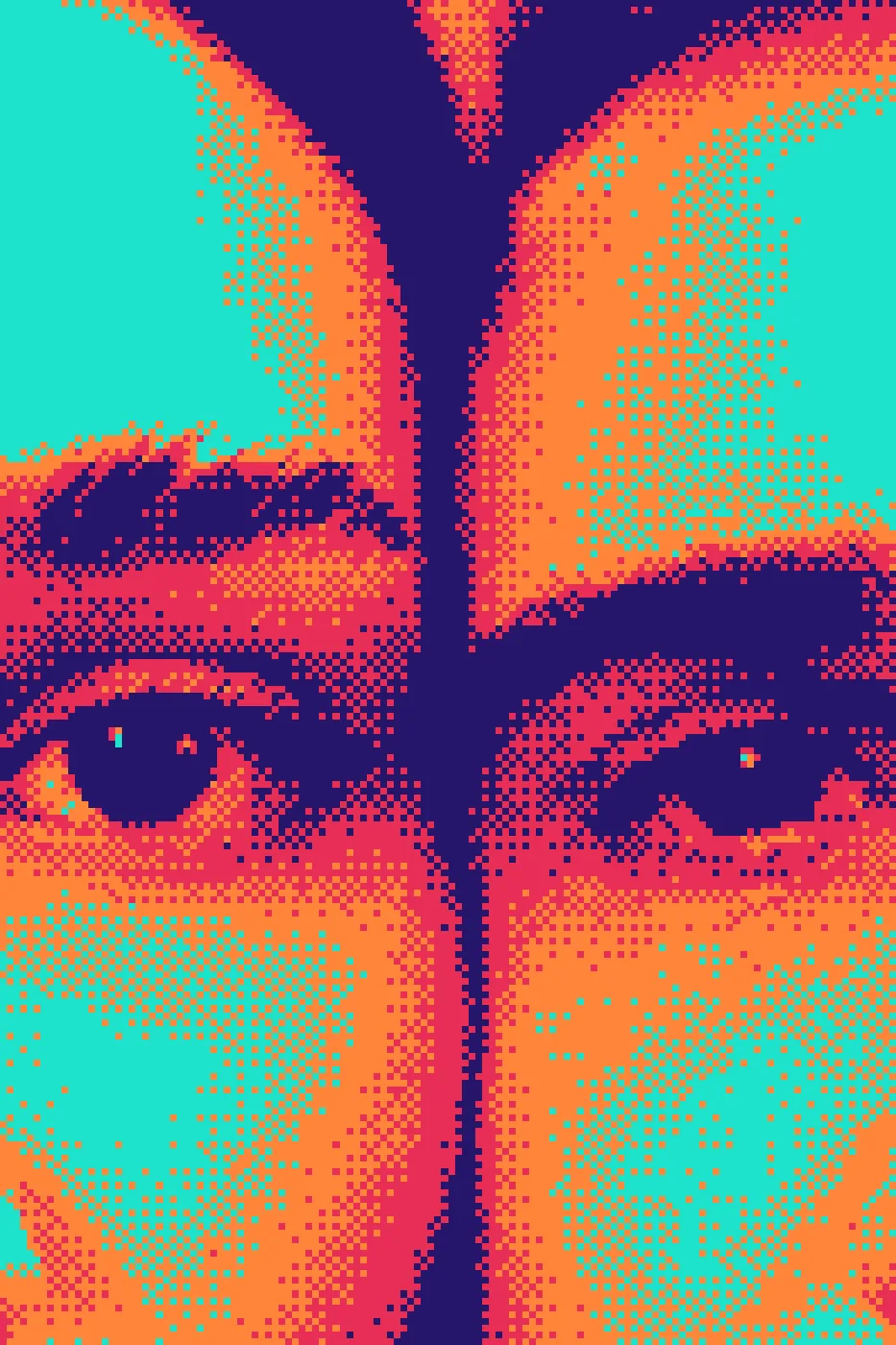 Retrato em bitmap de um rosto dividido em dois tons, turquesa e laranja